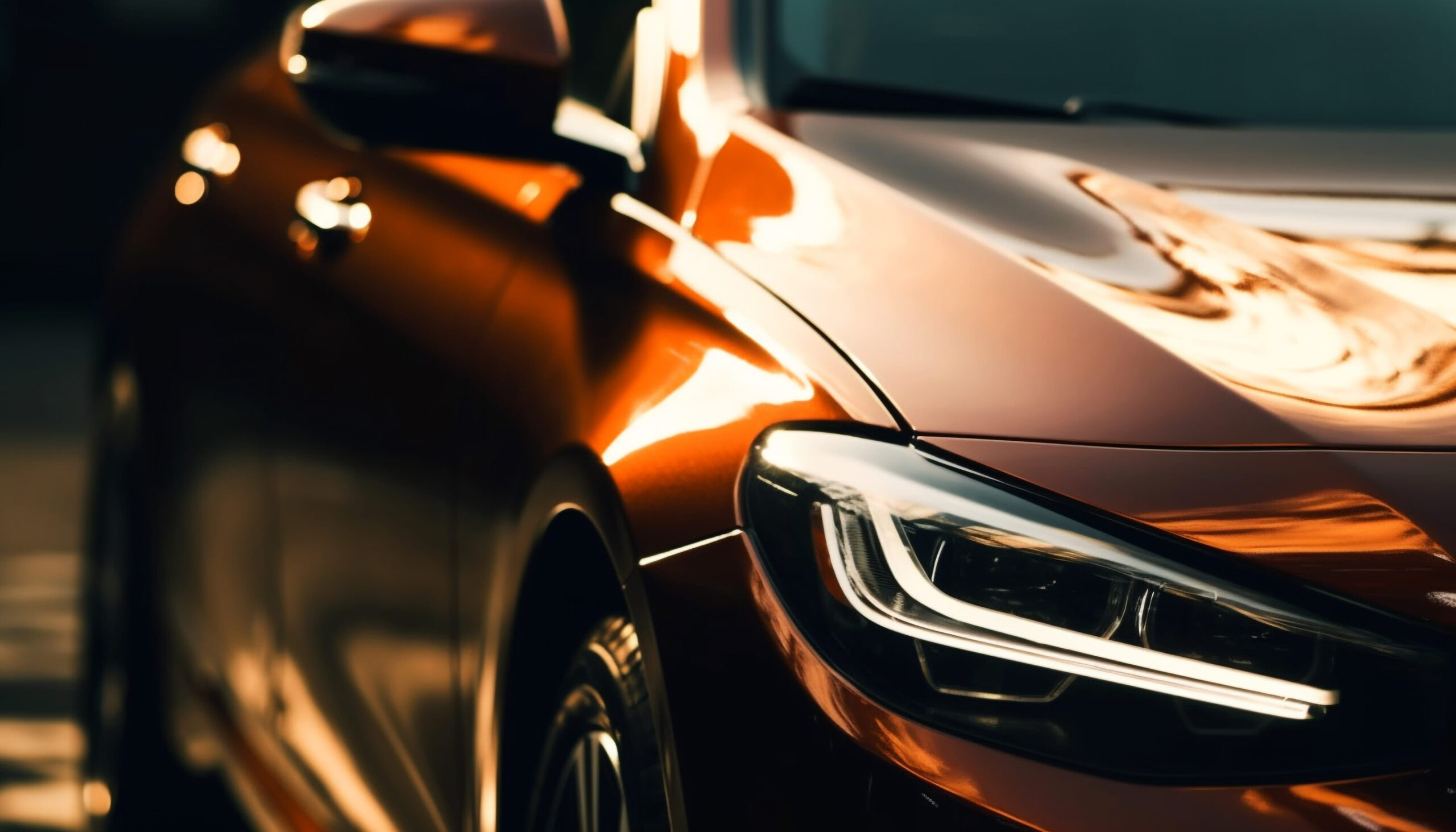 Shiny sports car speeds through illuminated city streets at dusk generated by artificial intelligence