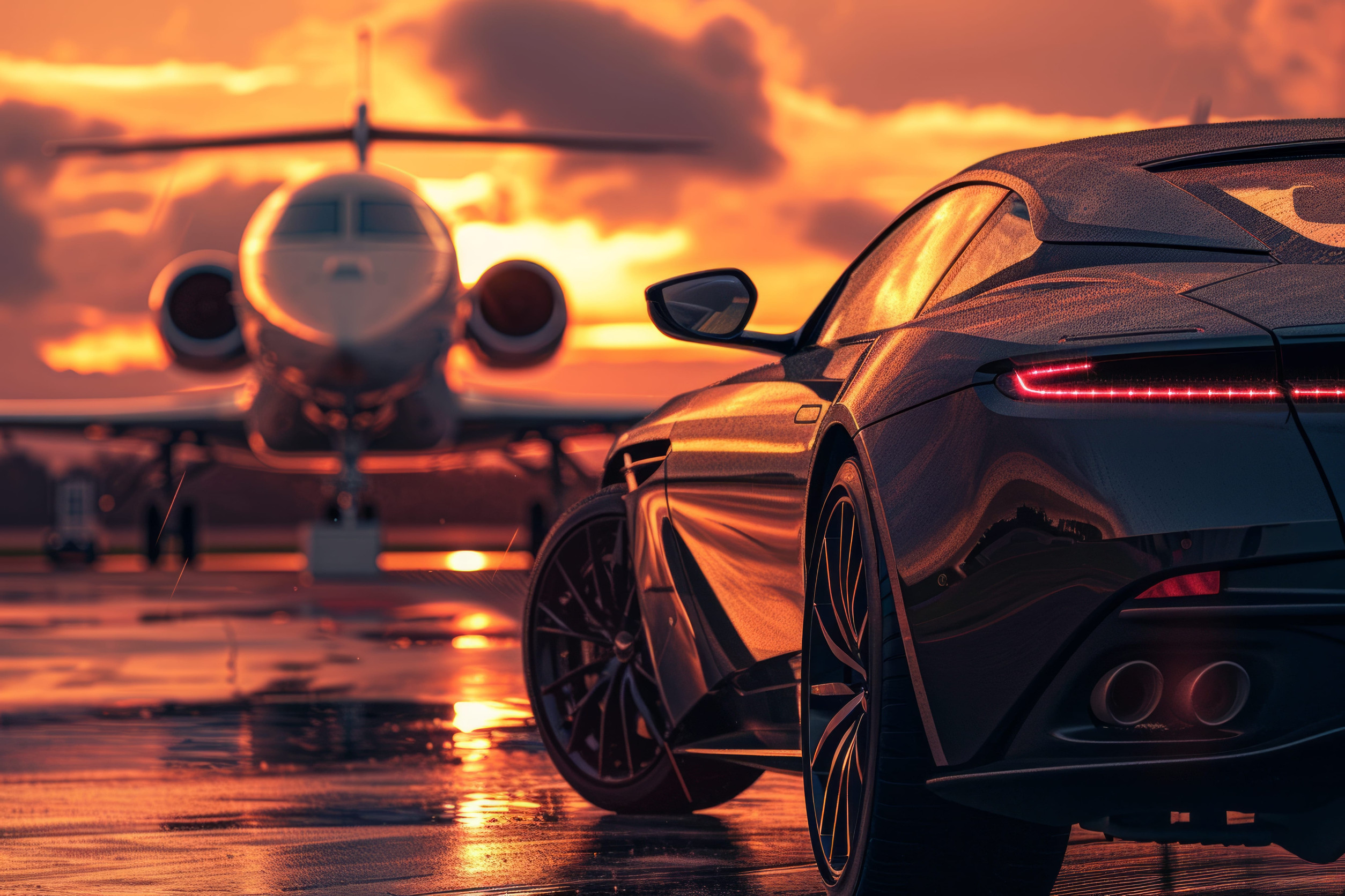 Luxury car in front of a private jet at sunset