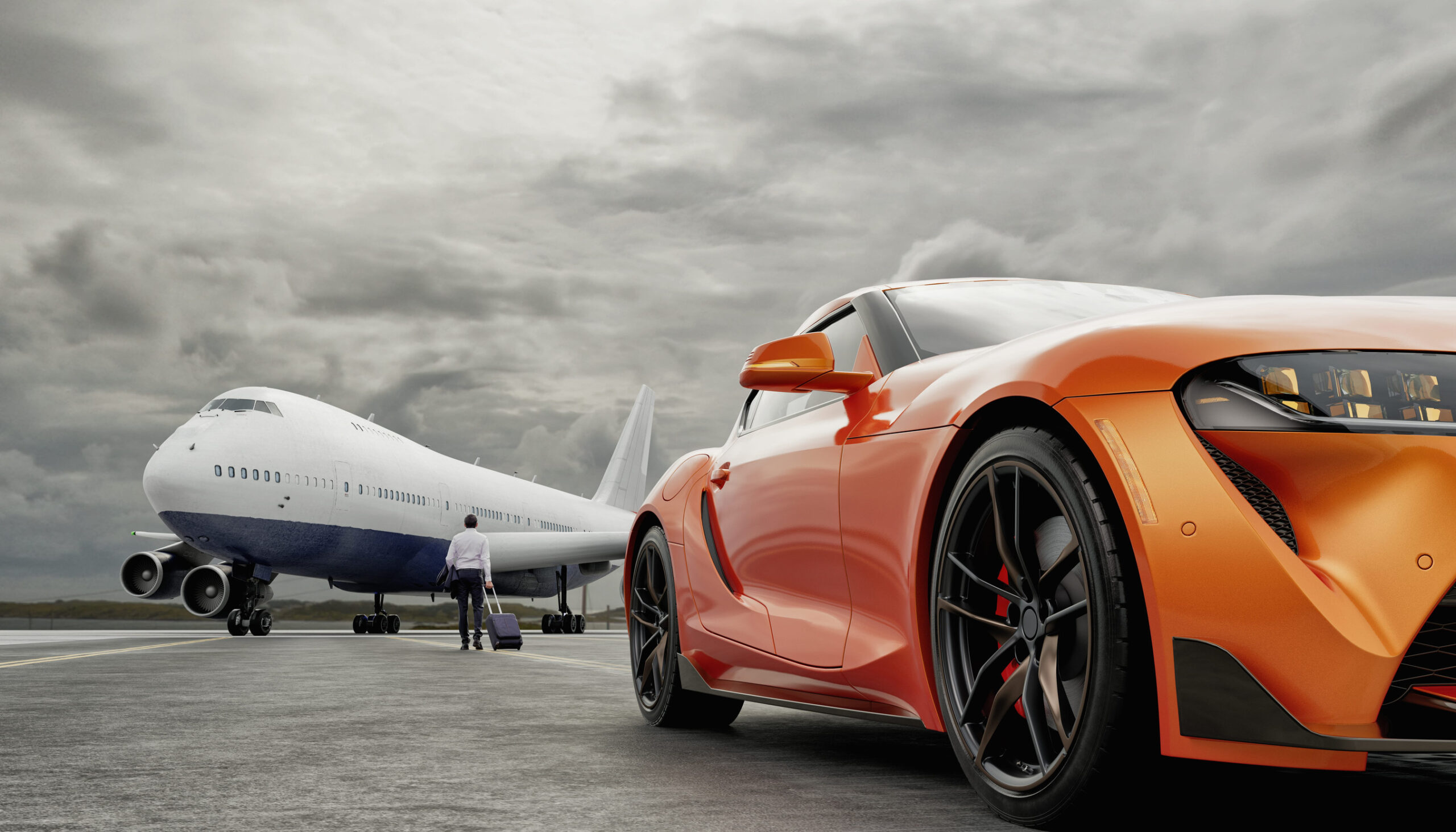 Businessman standing next to car on the runway close to airplane. 3d, rendering, illustration,